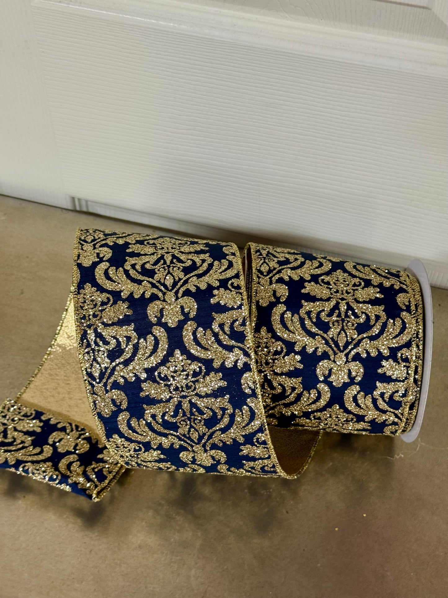 4 Inch By 10 Yard Navy Blue And Light Gold Damask Fused Back Ribbon