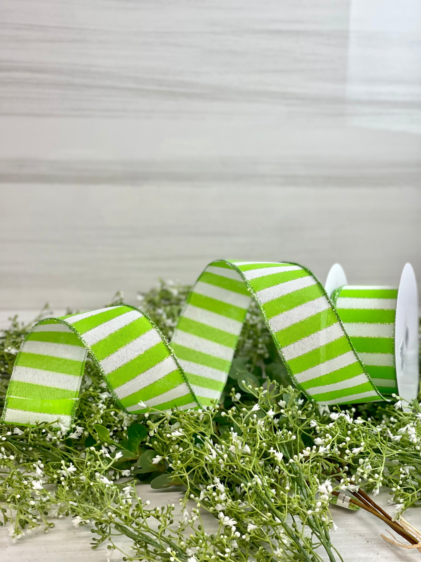 2.5 Inch By 10 Yard Lime Green And White Striped Tinsel Ribbon