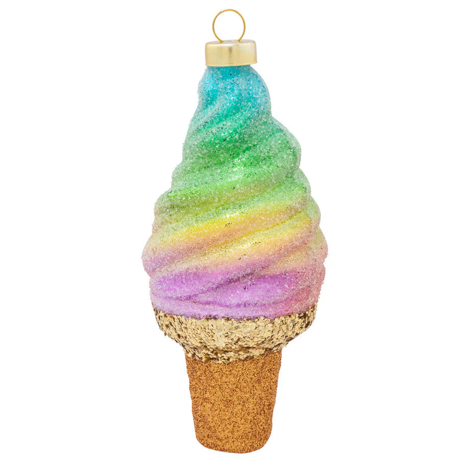 Kat And Annie Rainbow Swirl Ice Cream Cone Glass Ornament