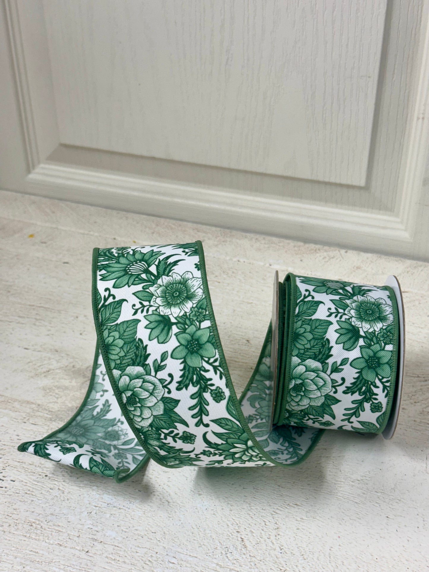 2.5 Inch By 10 Yard Sage Green And White Chinoiserie Florals Ribbon