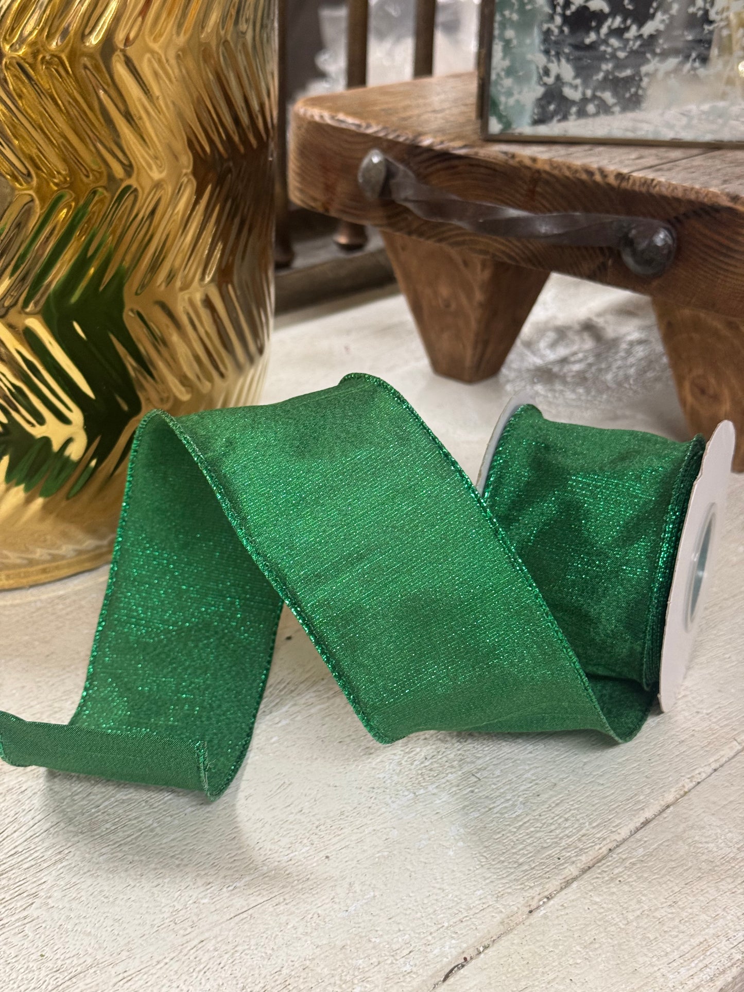 2.5 Inch By 10 Yard Emerald Green Metallic Dupioni Ribbon