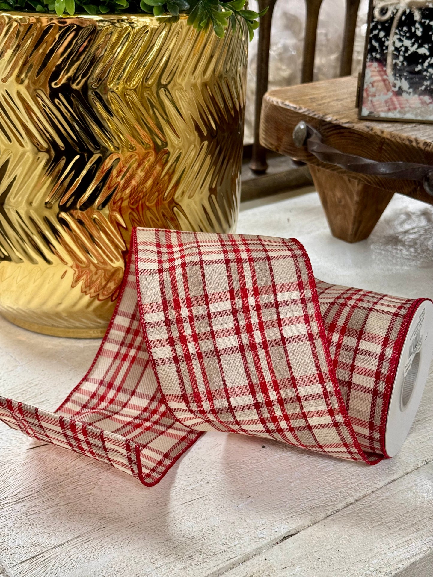 4 Inch By 10 Yard Natural And Red Holiday Plaid Ribbon