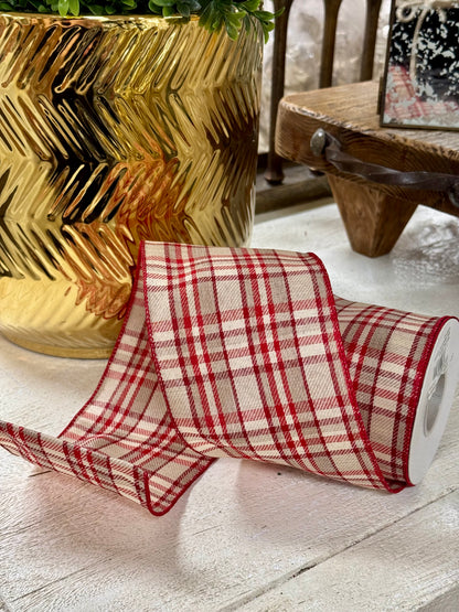4 Inch By 10 Yard Natural And Red Holiday Plaid Ribbon