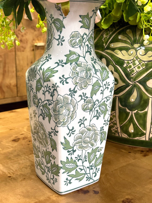14 Inch Green And White Floral Ceramic Vase