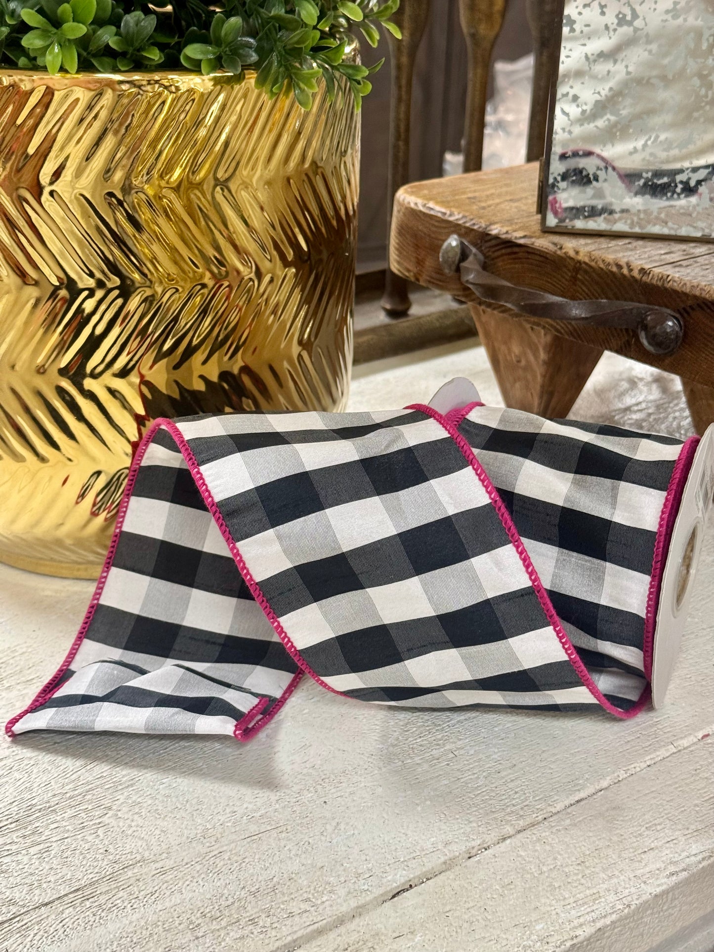 4 Inch By 10 Yard Black And White Gingham With Pink Edging Ribbon
