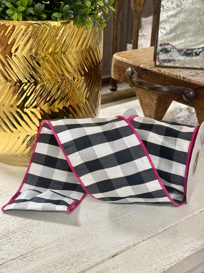4 Inch By 10 Yard Black And White Gingham With Pink Edging Ribbon