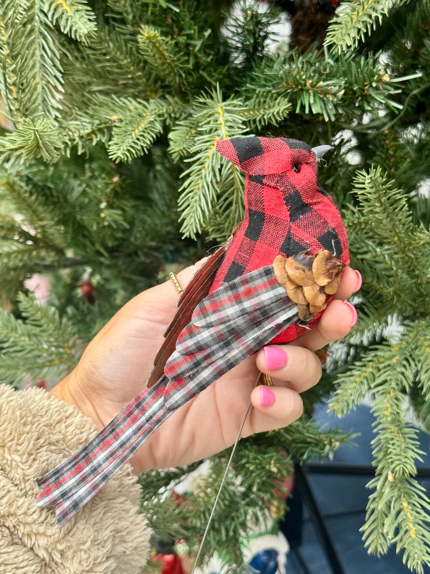 7 Inch Red Black Plaid Cardinal On Wire