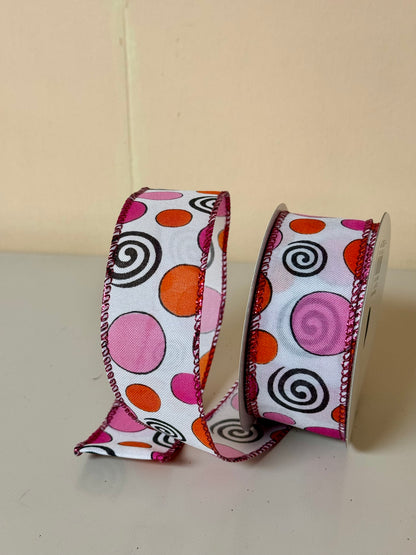 1.5 Inch By 10 Yard Orange And Pink Polka Dots With Black Swirls Ribbon