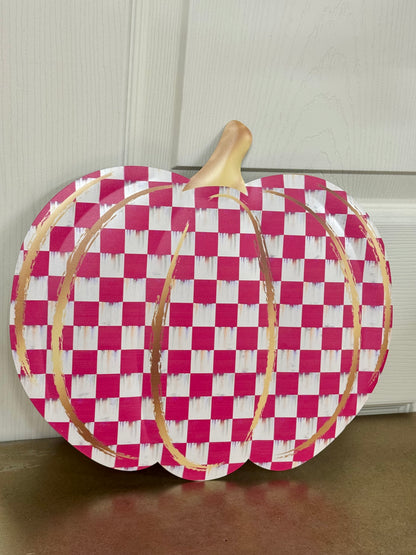 12 Inch Hot Pink White And Gold Check Pumpkin Metal Embossed Wreath Sign