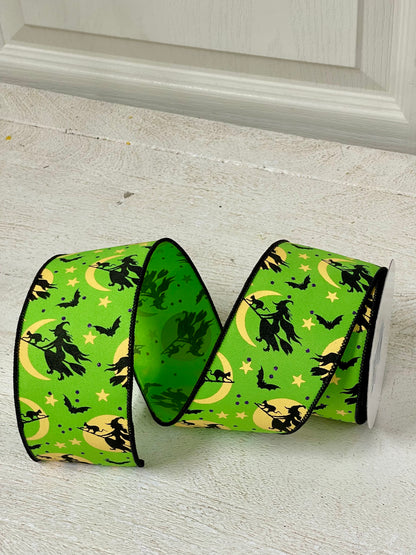 2.5 Inch By 10 Yard Lime Green Witch Flying By Moon Ribbon