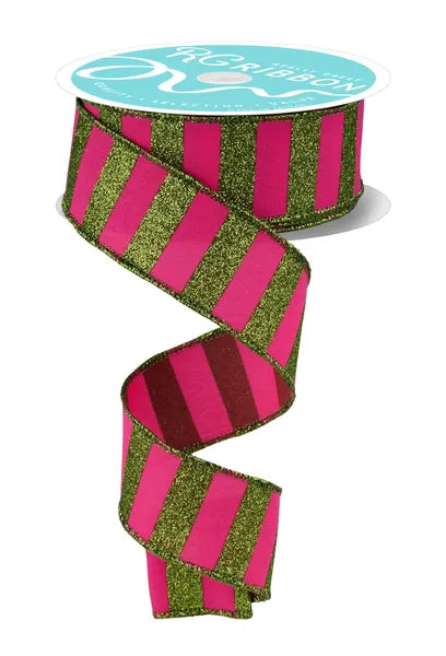 1.5 Inch By 10 Yard Lime Green And Hot Pink Striped Ribbon