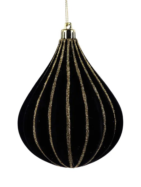 5 Inch Black And Gold Flocked Glitter Teardrop Ornament