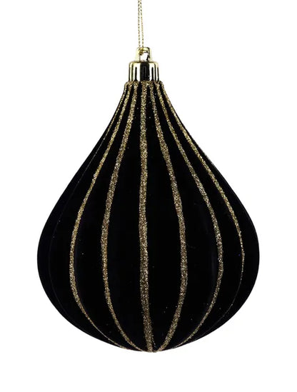 5 Inch Black And Gold Flocked Glitter Teardrop Ornament