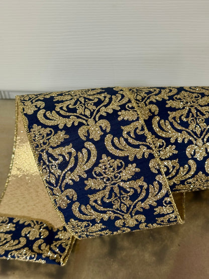 4 Inch By 10 Yard Navy Blue And Light Gold Damask Fused Back Ribbon