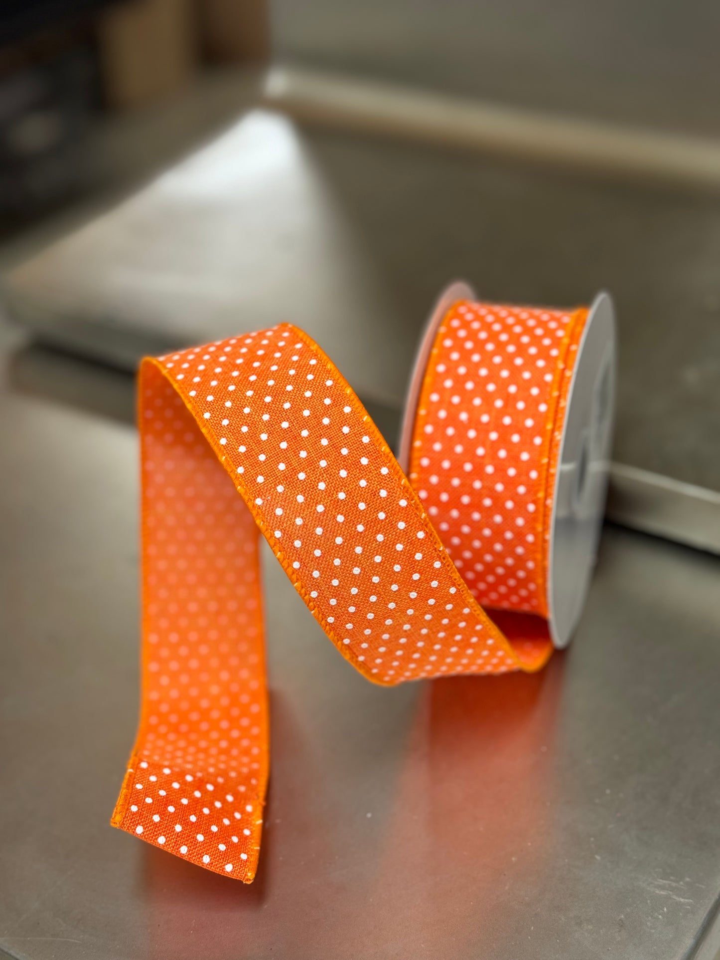 1.5 Inch By 10 Yards Raised Orange And White Polka Dot Ribbon