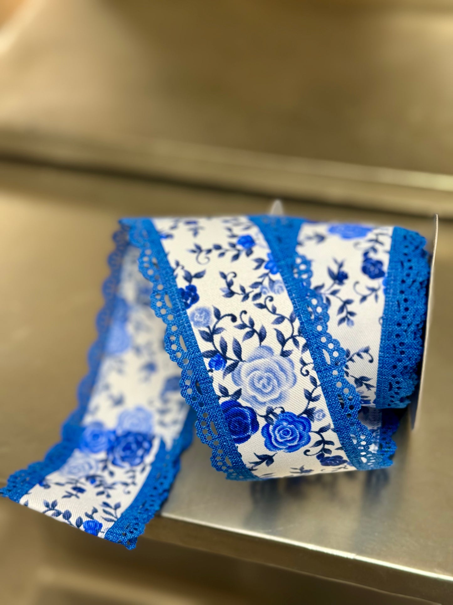 2.5 Inch By 10 Yard White Blue Mini Rose Lace Ribbon