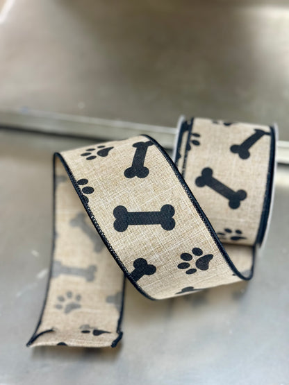 2.5 Inch By 10 Yard Light Beige And Black Paw Print Bones Ribbon