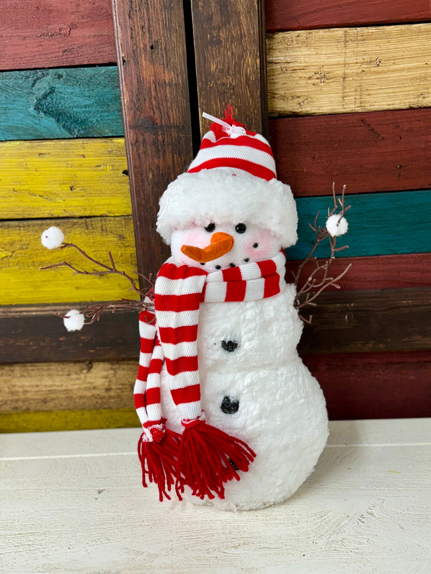 15.7 Inch Snowman With Red And White Striped Hat And Scarf