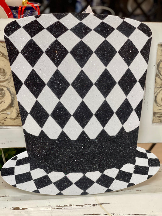 Black And White Glittered Eva Harlequin Top Hat