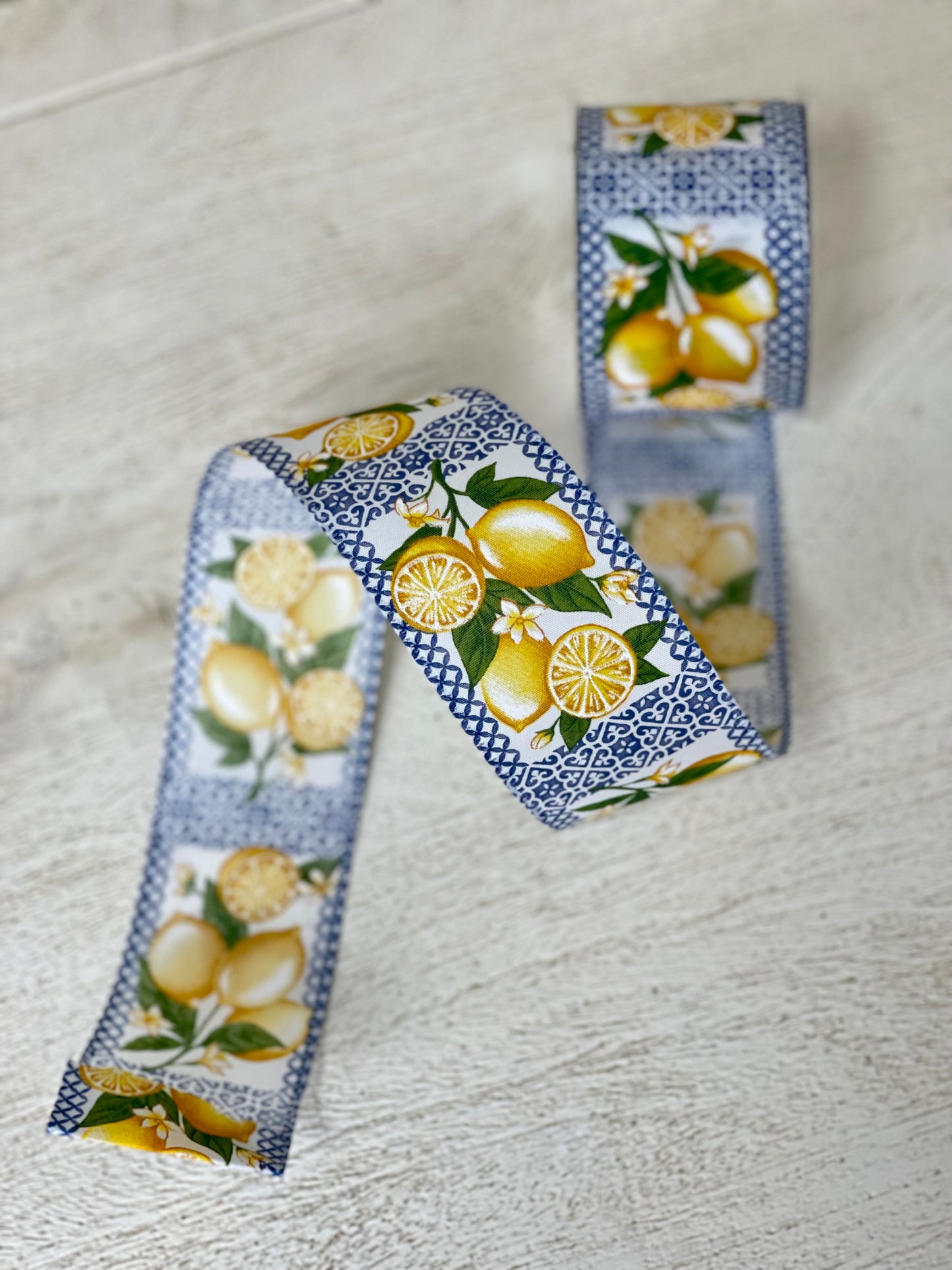 2.5 Inch By 10 Yard Blue Tile Squares With Lemons Ribbon