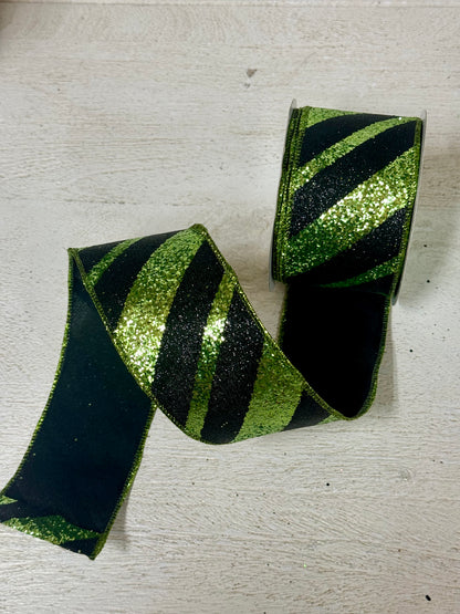 2.5 Inch By 10 Yard Lime Green And Black Large Striped Glitter Ribbon