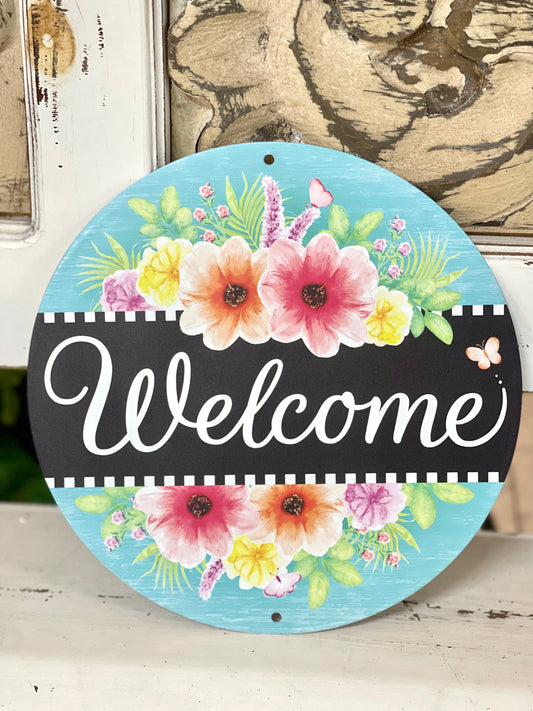 8 Inch Welcome With Florals Metal Sign