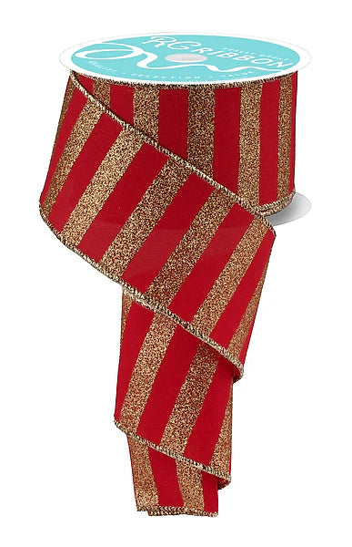 2.5 Inch By 10 Yard Red And Gold Horizontal Glitter Stripes Ribbon