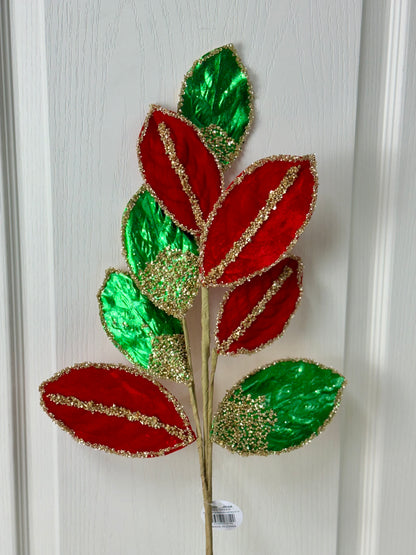 27.5 Inch Red And Green Metallic Velvet Magnolia Leaf Spray