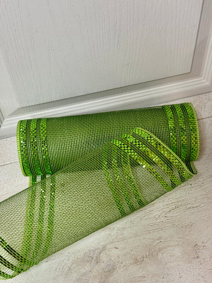 10 Inch By 10 Yard Apple And Moss Green Border Stripe Metallic Mesh