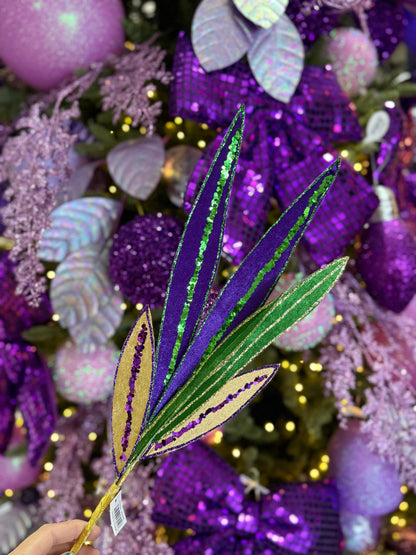 22 Inch Mardi Gras Glitter Velvet Leaf Spray