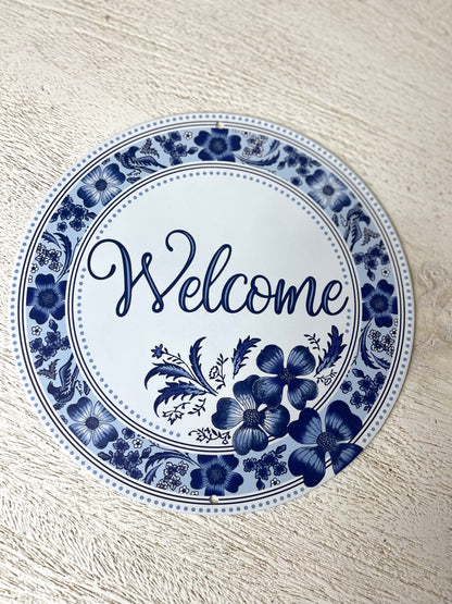 8 Inch Welcome Blue And White Metal Sign