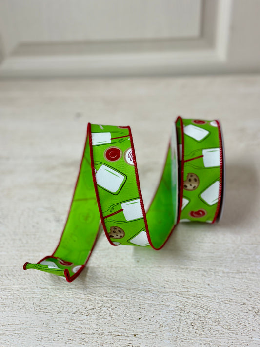 1.5 Inch By 10 Yard Green And Red Milk And Cookies Ribbon