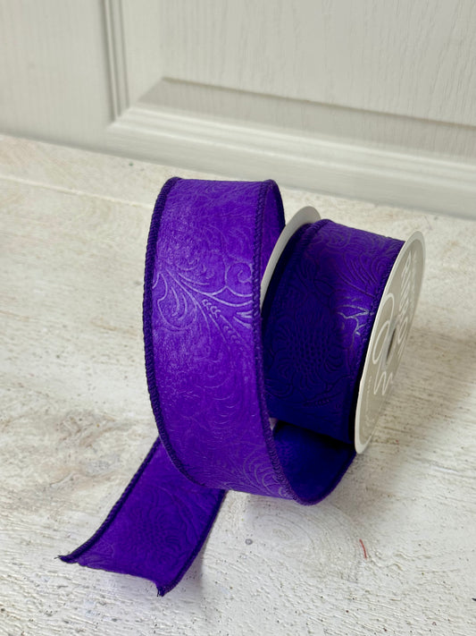 1.5 Inch By 10 Yard Purple Floral Leaves Ribbon