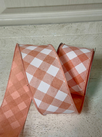 2.5 Inch By 10 Yard Peach And White Diagonal Check Ribbon