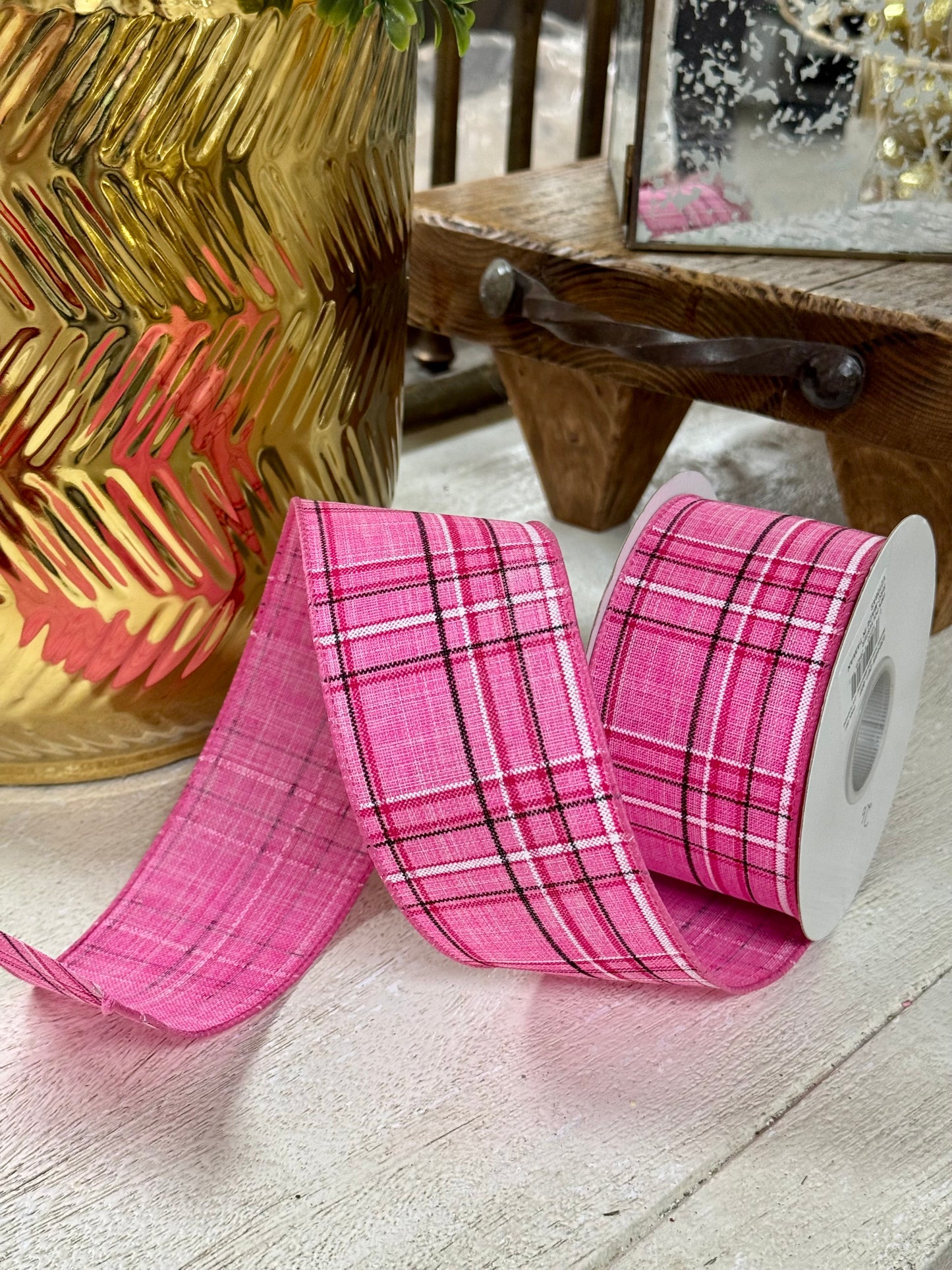 2.5 Inch By 10 Yard Pink Pinstripe Plaid Linen Ribbon
