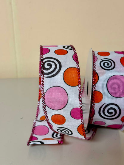 1.5 Inch By 10 Yard Orange And Pink Polka Dots With Black Swirls Ribbon