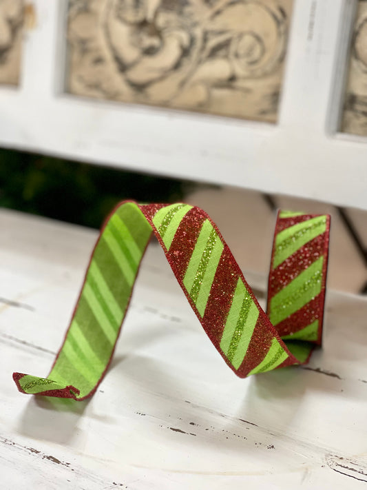 1.5 Inch By 10 Yard Red And Lime Glitter Striped Ribbon