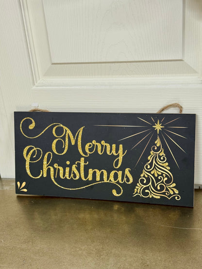 12.5 Inch Black And Gold Merry Christmas Swirl Tree Wooden Sign
