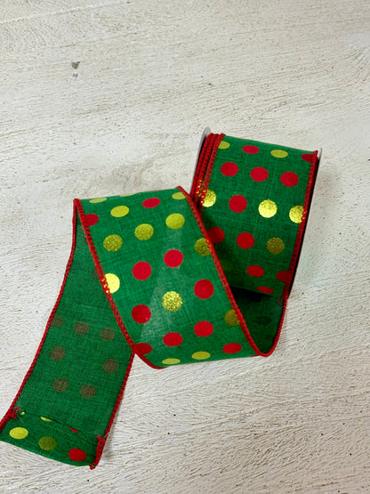 2.5 Inch By 10 Yard Red Emerald And Lime Metallic Polka Dot Ribbon