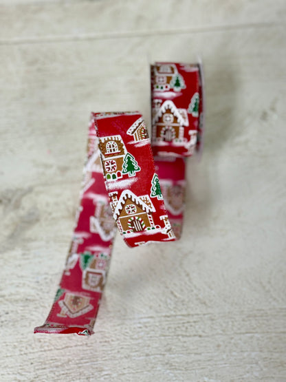 1.5 Inch By 10 Yard Red With Gingerbread Houses Ribbon