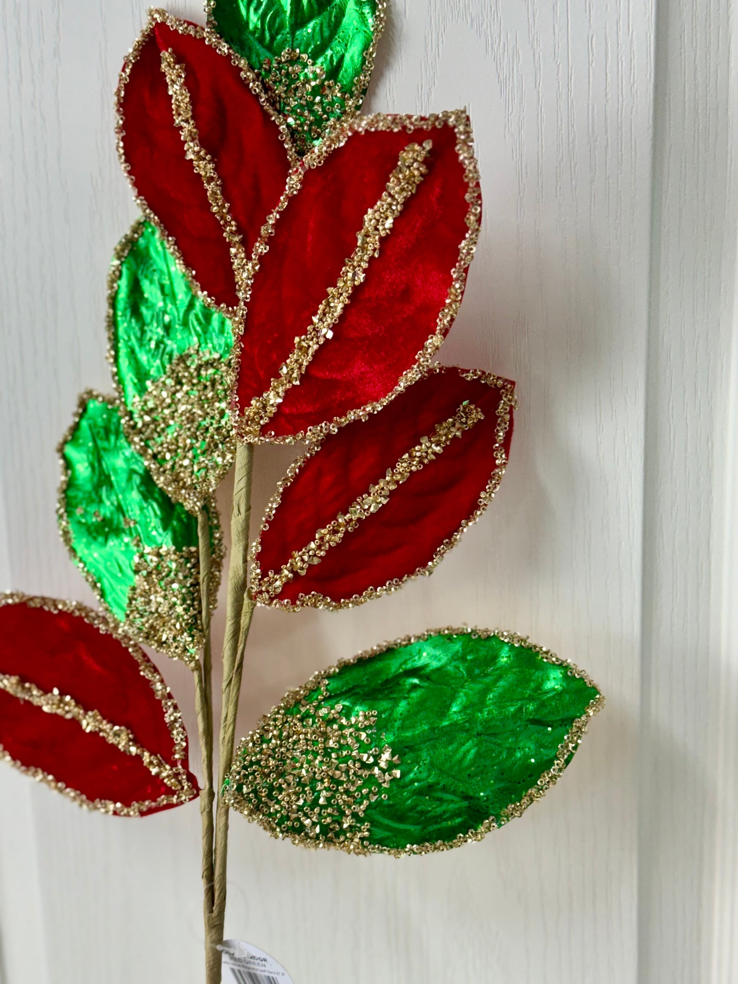 27.5 Inch Red And Green Metallic Velvet Magnolia Leaf Spray