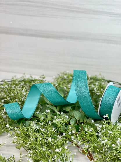 1.5 Inch By 10 Yard Aqua All Flat Glitter Ribbon