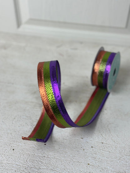 1.5 Inch By 10 Yard Purple Orange And Lime Metallic Stripe Ribbon