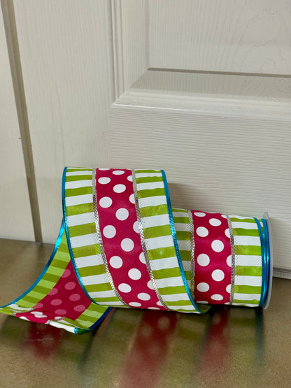 4 Inch By 10 Yard Hot Pink Lime Polka Dot With Stripes Ribbon