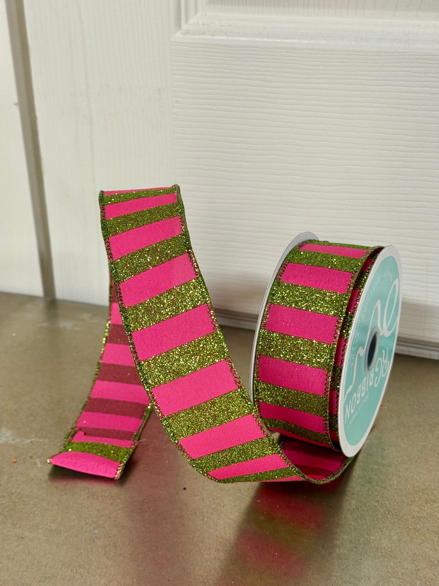 1.5 Inch By 10 Yard Lime Green And Hot Pink Striped Ribbon