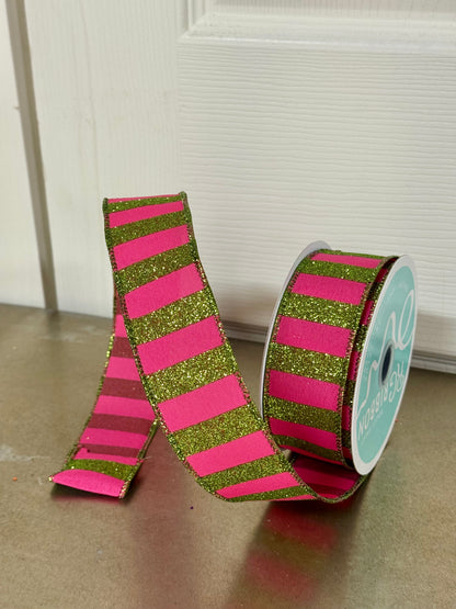 1.5 Inch By 10 Yard Lime Green And Hot Pink Striped Ribbon