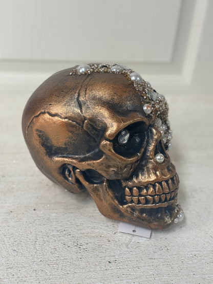 8 Inch Antique Gold Skull With Beads And Glitter