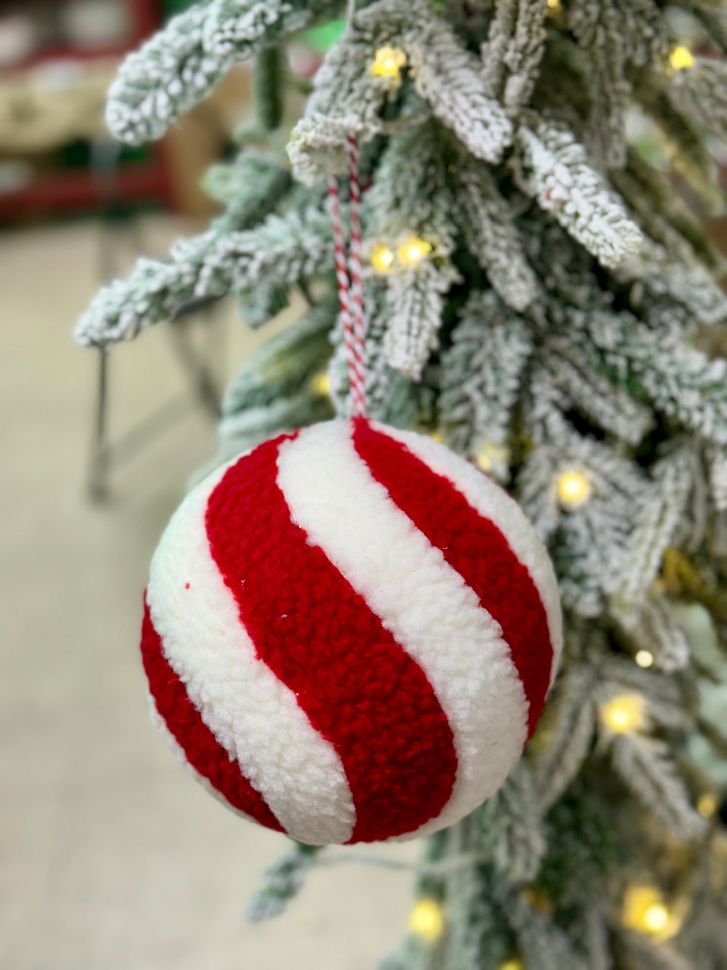 6.5 Inch Red And White Whimsical Wool Peppermint Stripe Ornament Ball