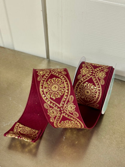 2.5 Inch By 10 Yard Wine And Gold Deluxe Wavy Floral Ribbon