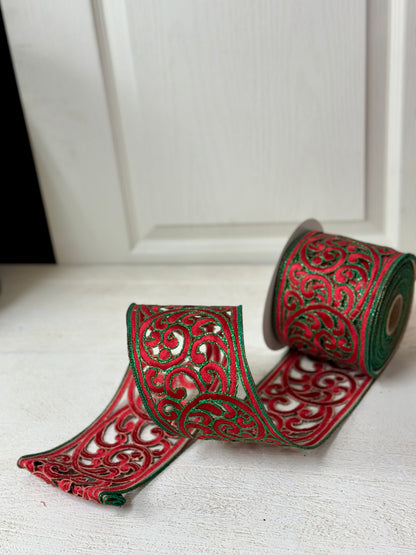 4 Inch By 10 Yard Designer Red And Emerald Scroll Ribbon